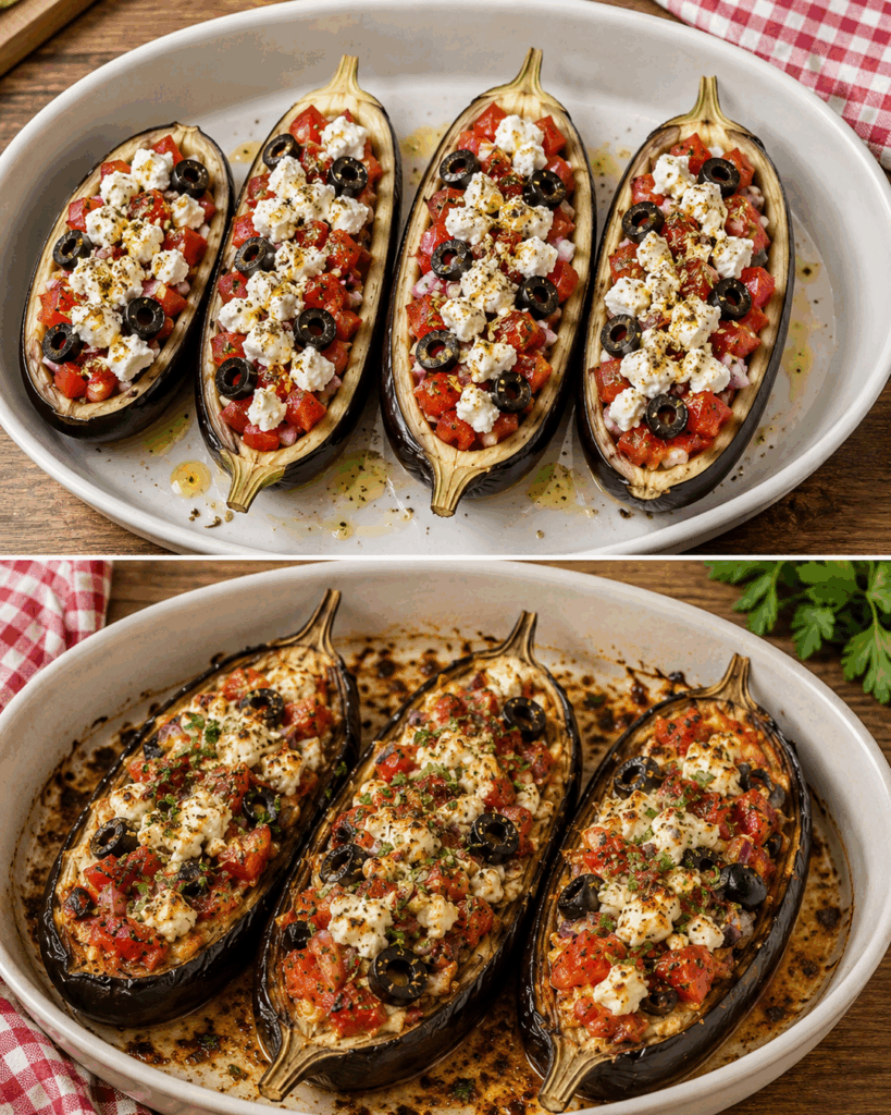 Griechisch gefüllte Auberginen mit Feta, Tomaten und Oliven