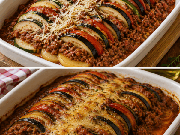 Herzhafter Gemüse-Hack-Auflauf mit Aubergine, Zucchini und goldener Käsekruste