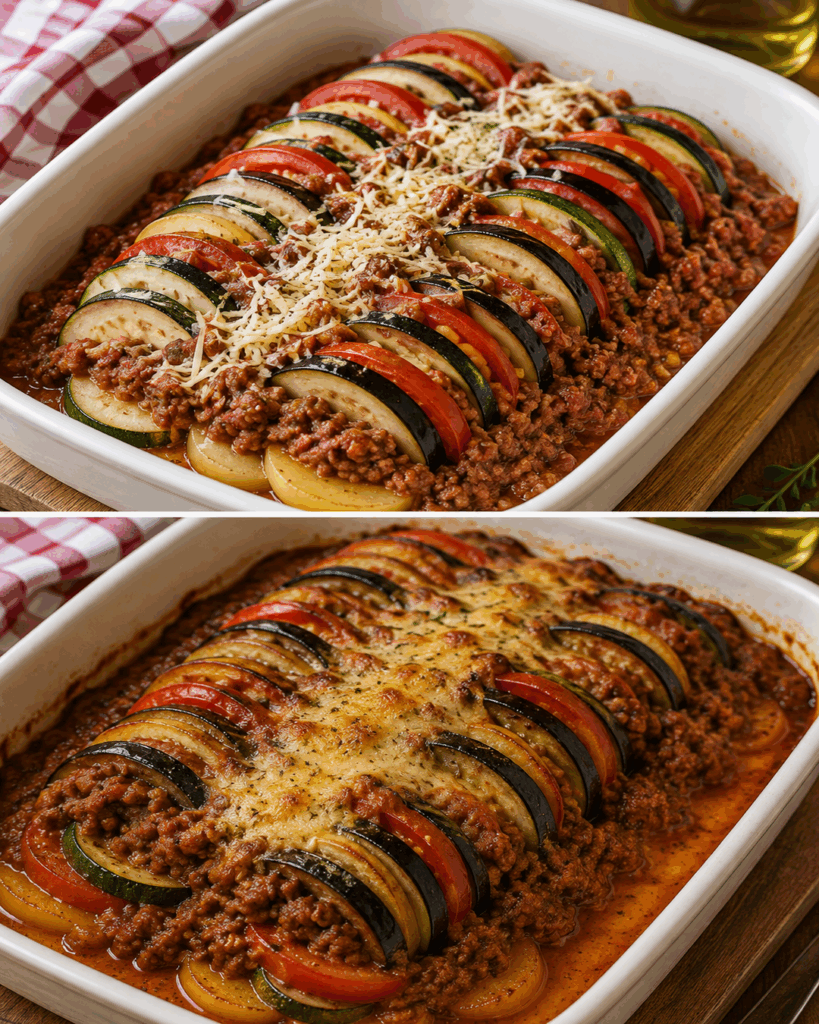 Herzhafter Gemüse-Hack-Auflauf mit Aubergine, Zucchini und goldener Käsekruste