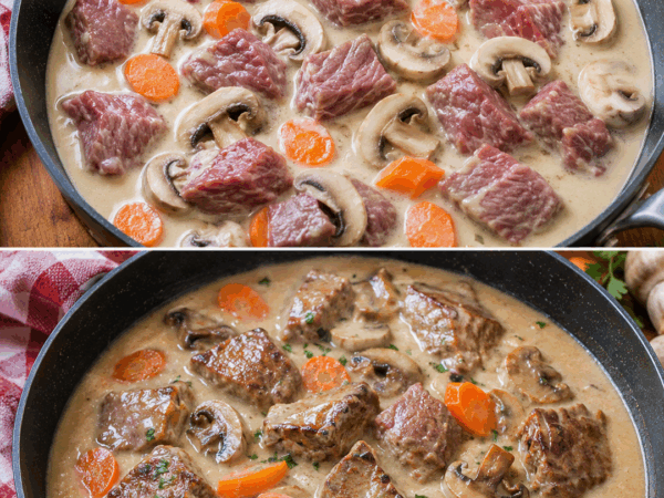 Cremige Kalbsblanquette mit Champignons und Karotten – zart geschmort in feiner Sauce