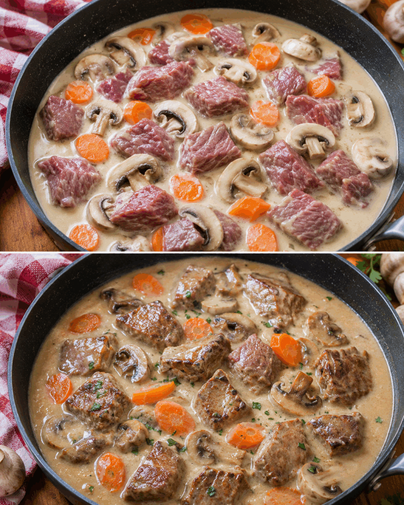 Cremige Kalbsblanquette mit Champignons und Karotten – zart geschmort in feiner Sauce