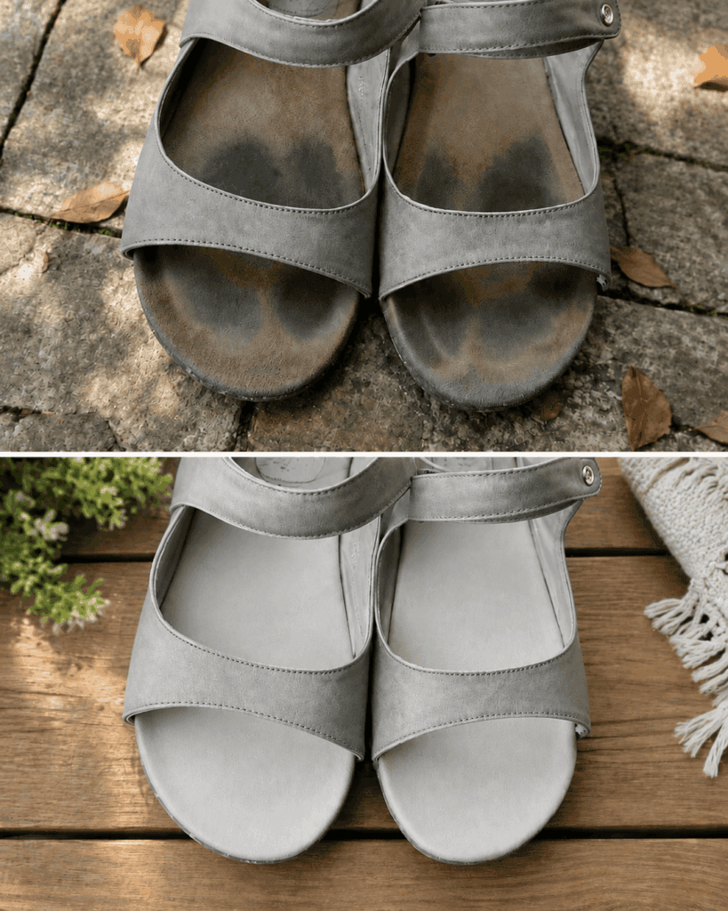 Schwarze Fußabdrücke in Sandalen? So werden helle Fußbetten wieder sauber, ohne das Material zu ruinieren