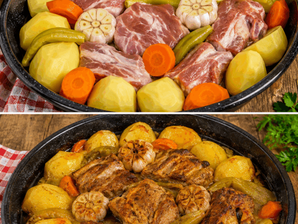 Saftiger Schweinebraten mit Kartoffeln, Möhren und Paprika aus dem Ofen