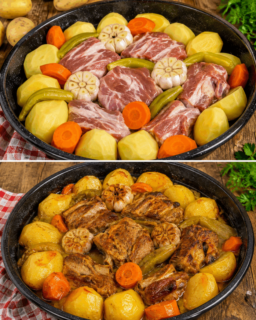 Saftiger Schweinebraten mit Kartoffeln, Möhren und Paprika aus dem Ofen