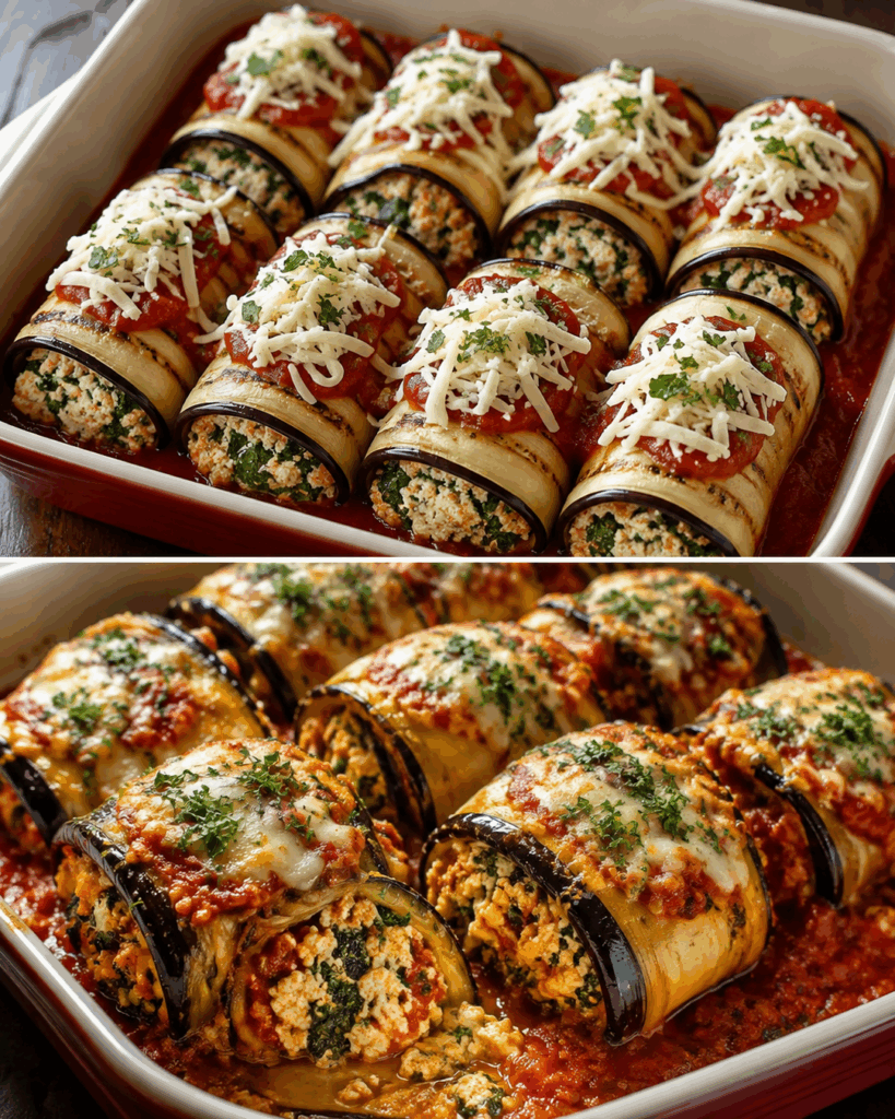 Überbackene Auberginenröllchen mit Ricotta, Spinat und Tomatensauce