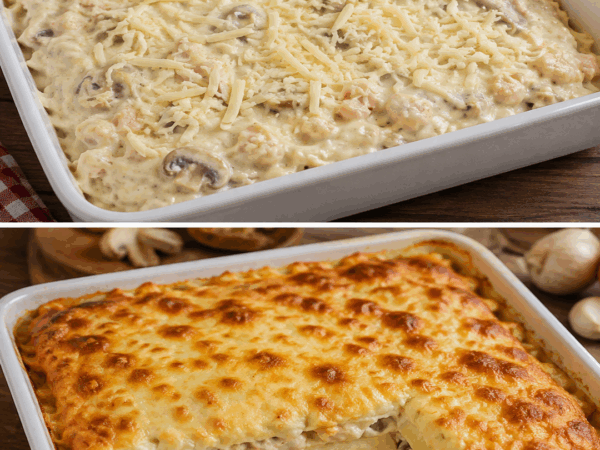 Cremige Hähnchen-Pilz-Lasagne mit goldener Käsekruste
