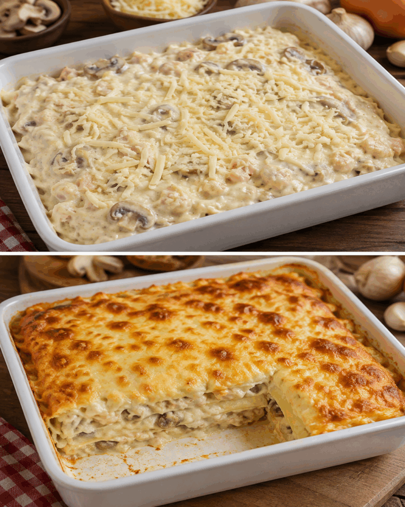 Cremige Hähnchen-Pilz-Lasagne mit goldener Käsekruste
