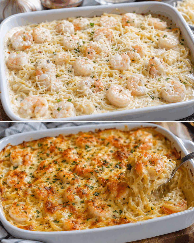 Cremiger Garnelen-Pasta-Auflauf mit Parmesan – herrlich käsig und in 35 Minuten auf dem Tisch