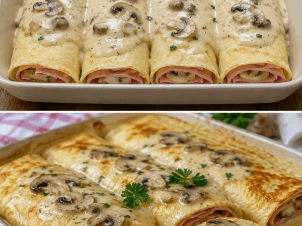 Überbackene Picardie-Crêpes mit Schinken und Champignons – cremig, herzhaft und unwiderstehlich