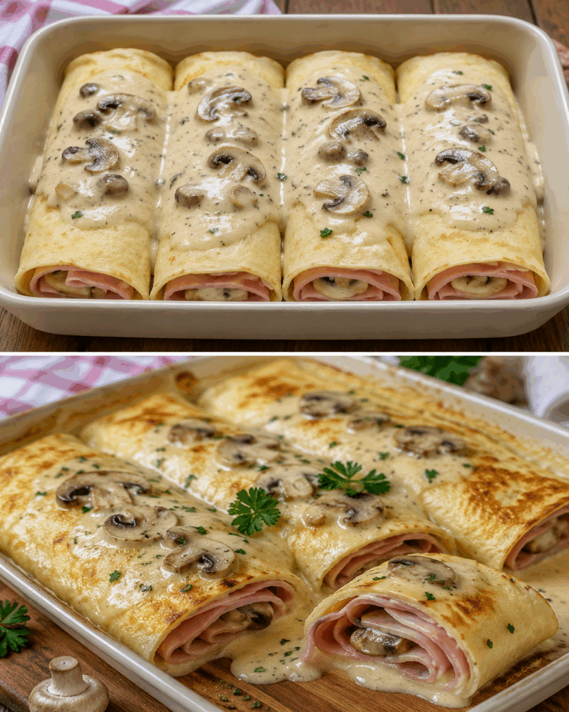 Überbackene Picardie-Crêpes mit Schinken und Champignons – cremig, herzhaft und unwiderstehlich