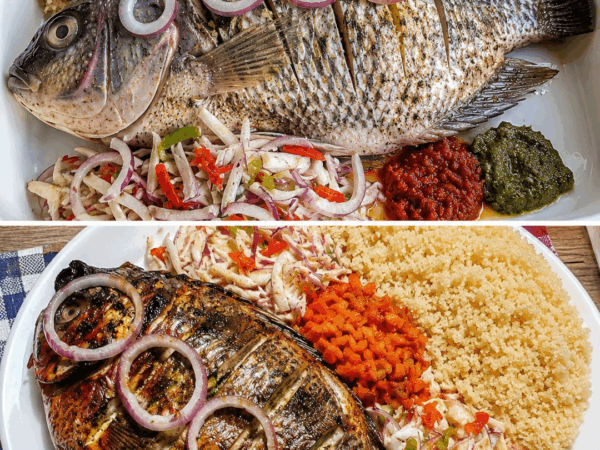 Knuspriger Ofenfisch mit Couscous und buntem Krautsalat – ein köstliches Familiengericht