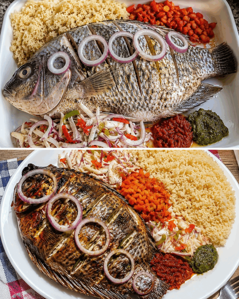 Knuspriger Ofenfisch mit Couscous und buntem Krautsalat – ein köstliches Familiengericht