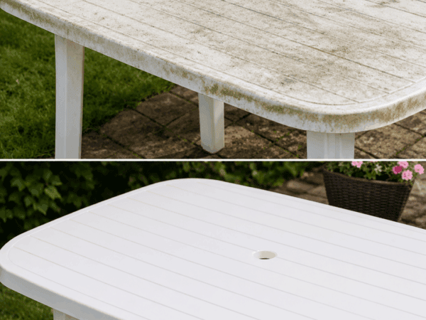 So wird eine vergraute Kunststoff-Gartentischplatte wieder sauber – ohne stundenlanges Schrubben