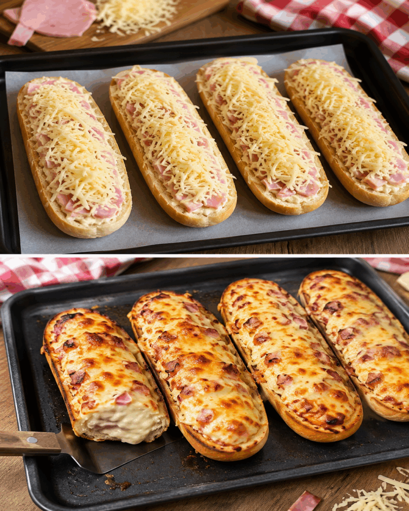 Knusprige Schinken-Käse-Baguettes aus dem Ofen – schnell gemacht und herrlich überbacken