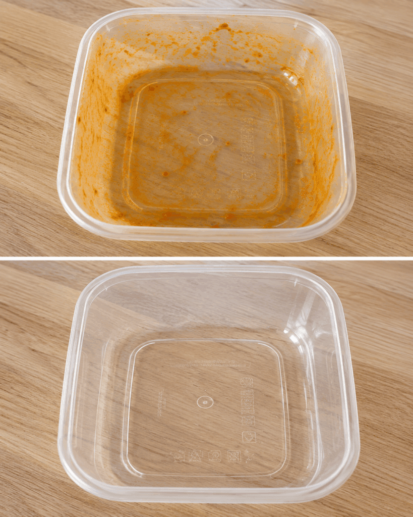 Tomatensoße im Plastikbehälter? So werden orange Flecken wieder deutlich heller