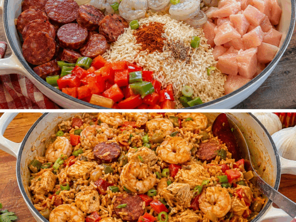 Würzige kreolische Jambalaya mit Hähnchen, Garnelen und Räucherwurst