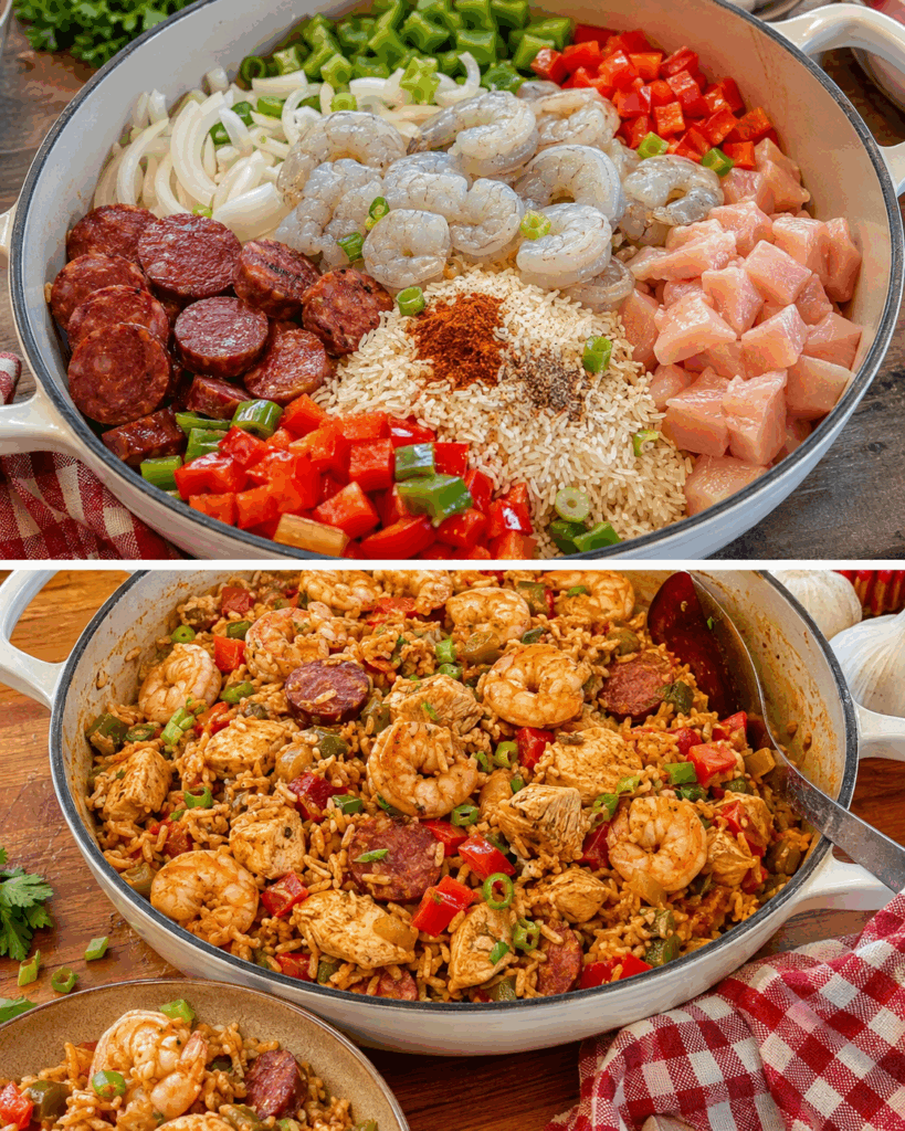 Würzige kreolische Jambalaya mit Hähnchen, Garnelen und Räucherwurst