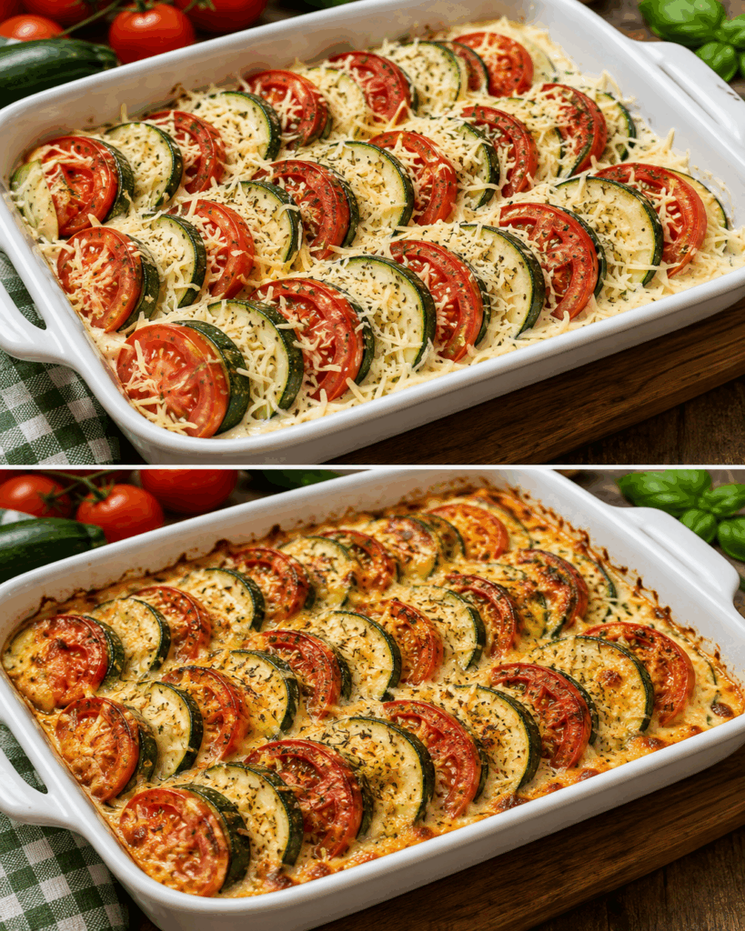 Cremiger Zucchini-Tomaten-Auflauf mit goldener Käsekruste – einfach und unwiderstehlich
