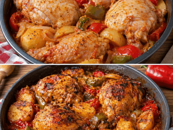 Würziges Ofenhähnchen mit Kartoffeln, Paprika und Tomatensauce