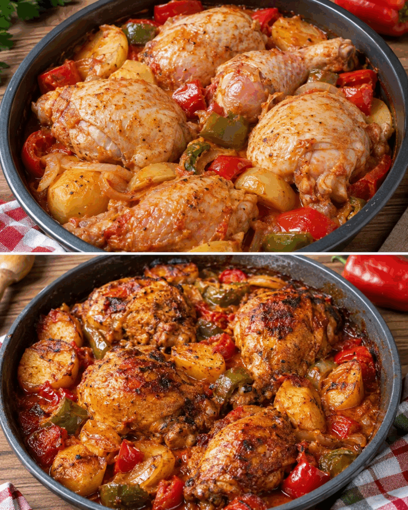 Würziges Ofenhähnchen mit Kartoffeln, Paprika und Tomatensauce
