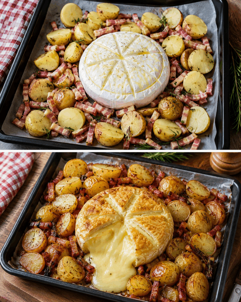Knuspriger Camembert im Blätterteig mit Ofenkartoffeln und Speck – herzhaft, cremig und unwiderstehlich