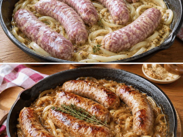 Herzhafte Bratwurstpfanne mit Senf-Zwiebel-Sauce und Thymian