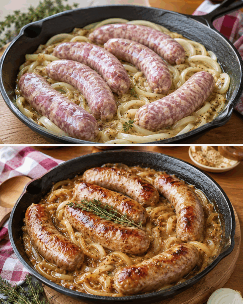 Herzhafte Bratwurstpfanne mit Senf-Zwiebel-Sauce und Thymian