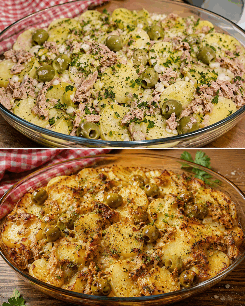 Knuspriger Kartoffel-Thunfisch-Auflauf mit grünen Oliven