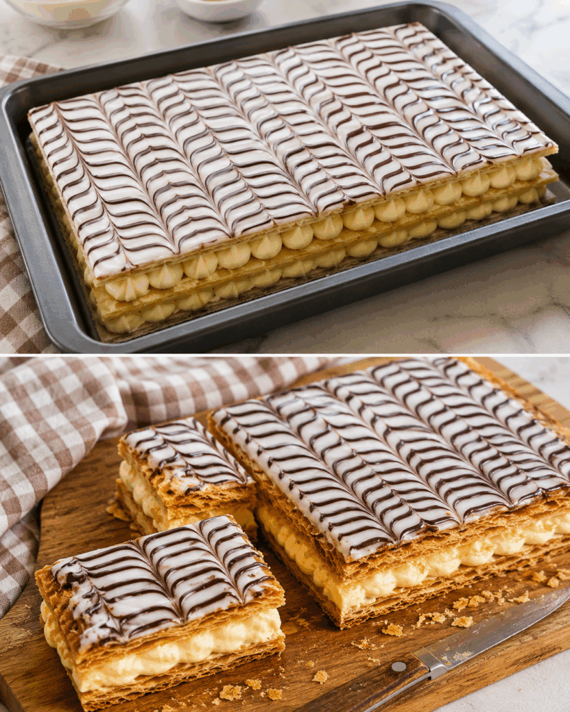Knuspriger französischer Mille-Feuille mit Vanillecreme und Schokoladenglasur