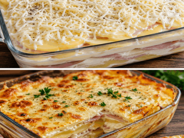 Cremige Kartoffel-Lasagne mit Schinken und goldener Käsekruste
