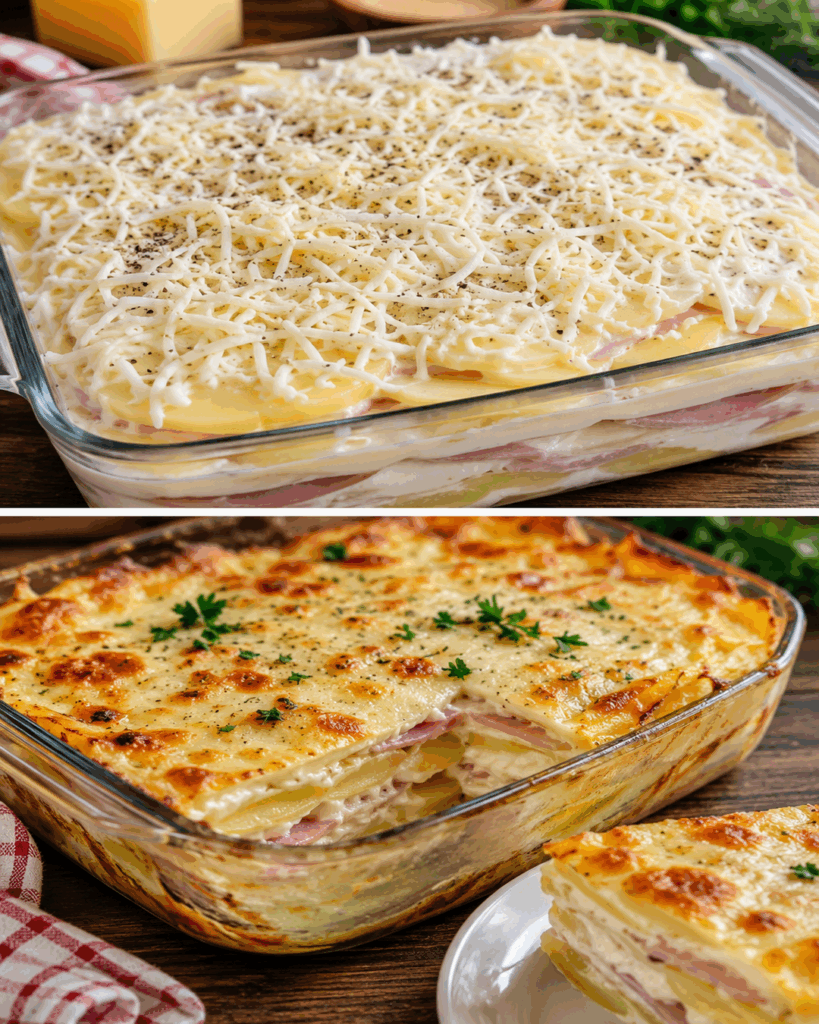 Cremige Kartoffel-Lasagne mit Schinken und goldener Käsekruste