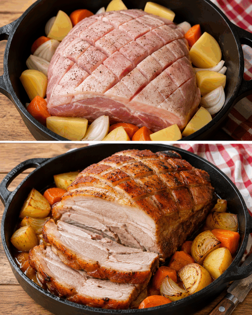 Knuspriger Schweinebraten aus dem Ofen – saftig, goldbraun und mit herzhaftem Ofengemüse