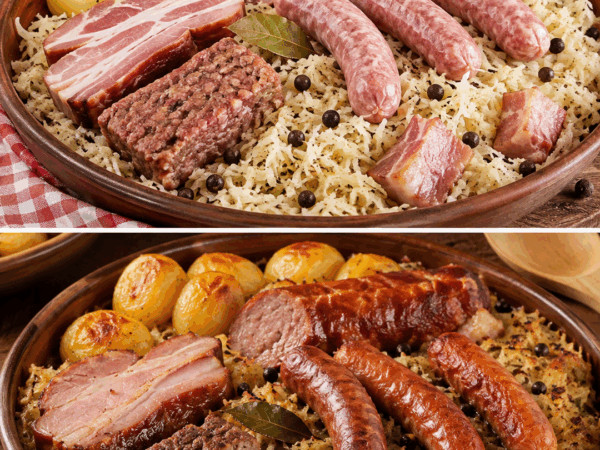 Ofen-Sauerkraut mit Würstchen, Speck und Kartoffeln – herzhaftes Familienessen aus einem Topf