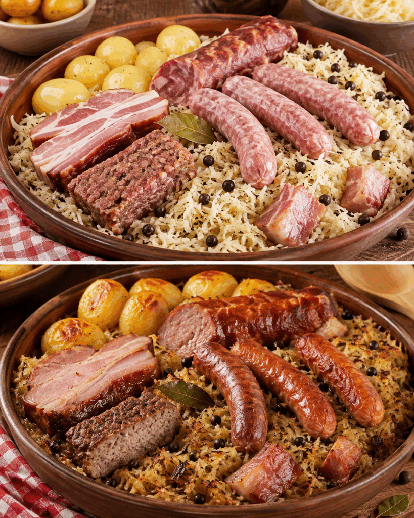 Ofen-Sauerkraut mit Würstchen, Speck und Kartoffeln – herzhaftes Familienessen aus einem Topf