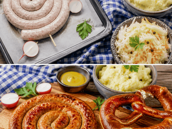 Knusprige Bratwurstschnecke mit Kartoffelpüree und Sauerkraut – deftiges Familienessen wie vom Wirtshaus