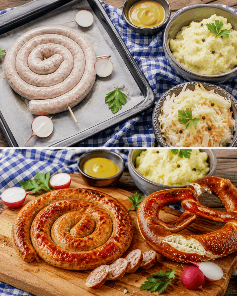 Knusprige Bratwurstschnecke mit Kartoffelpüree und Sauerkraut – deftiges Familienessen wie vom Wirtshaus