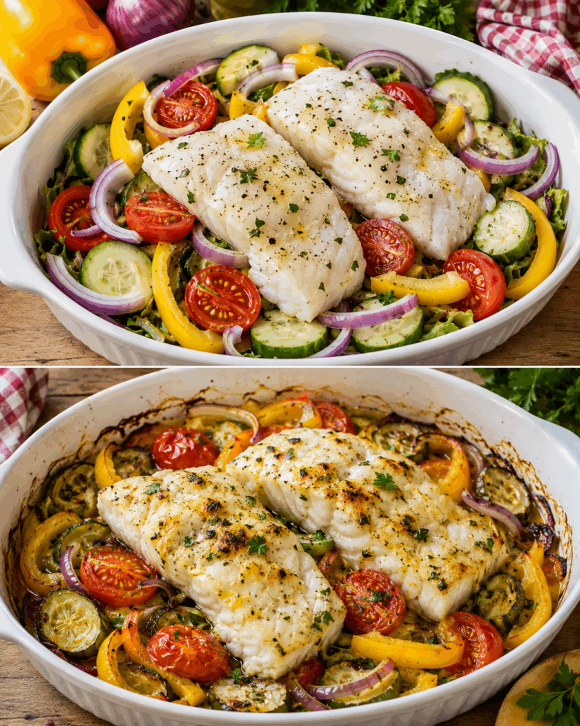 Saftiger Ofenfisch auf buntem Sommergemüse – dieses einfache Familiengericht macht sofort Appetit