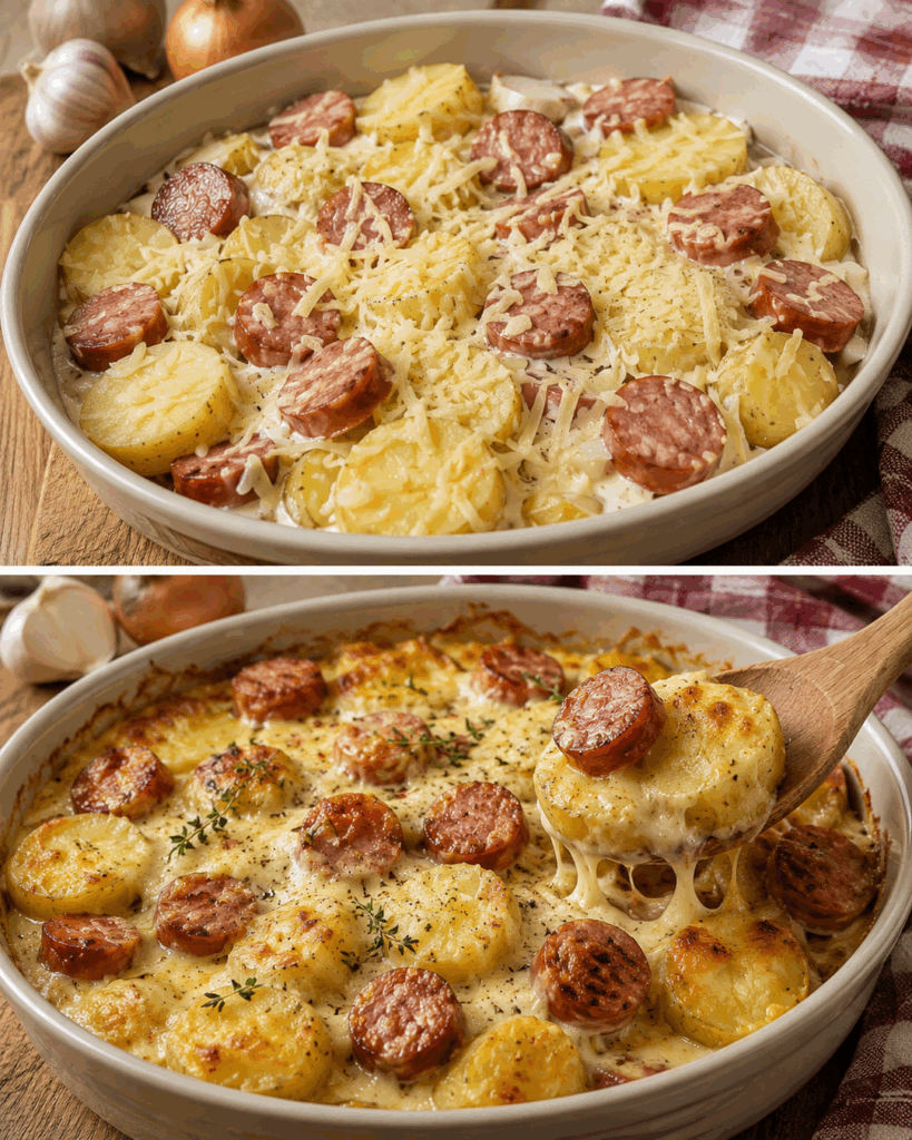 Cremiger Kartoffel-Wurst-Auflauf mit Käse – Herzhaft, goldbraun und perfekt für die ganze Familie