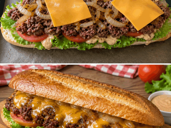 Knuspriges Cheeseburger-Baguette mit Hackfleisch, Cheddar und würziger Burgersauce