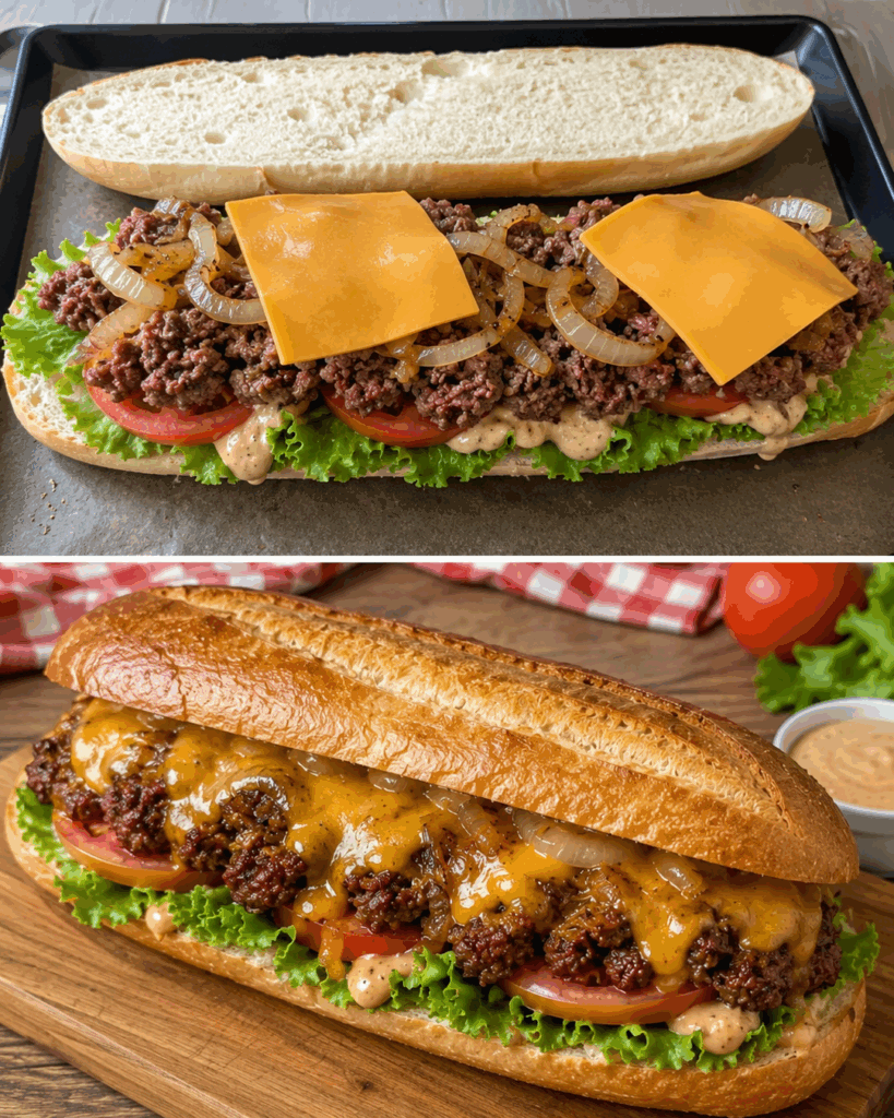 Knuspriges Cheeseburger-Baguette mit Hackfleisch, Cheddar und würziger Burgersauce