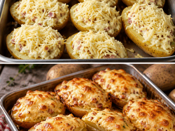 Diese überbackenen Ofenkartoffeln mit Schinken und Käse sind so cremig, dass garantiert keiner bei einer bleibt