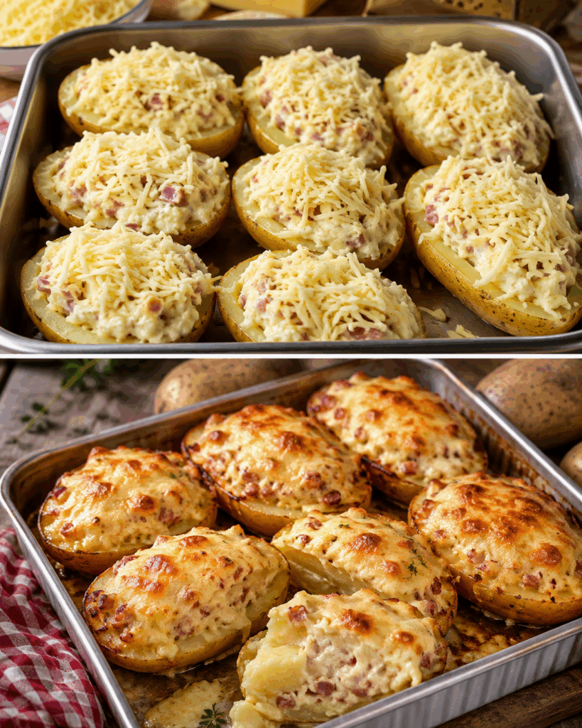 Diese überbackenen Ofenkartoffeln mit Schinken und Käse sind so cremig, dass garantiert keiner bei einer bleibt