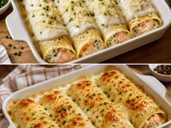 Cremige Lachs-Ricotta-Crêpes aus dem Ofen – herrlich saftig und goldbraun überbacken