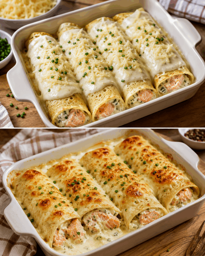 Cremige Lachs-Ricotta-Crêpes aus dem Ofen – herrlich saftig und goldbraun überbacken