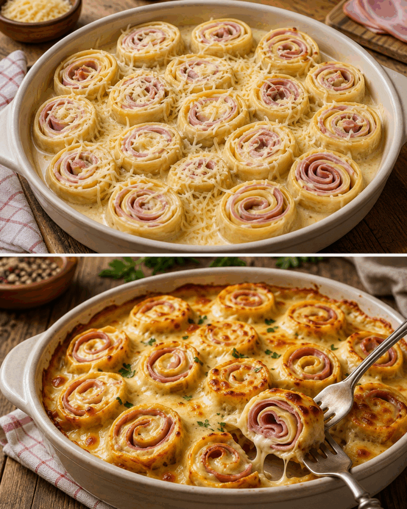 Cremige Schinken-Käse-Röllchen aus dem Ofen – goldbraun überbacken und unwiderstehlich saftig