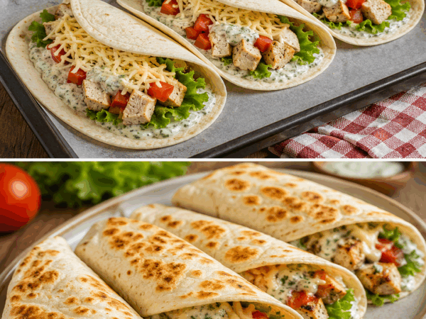 Knusprige Hähnchen-Wraps mit Salat, Tomaten und cremiger Kräutersauce