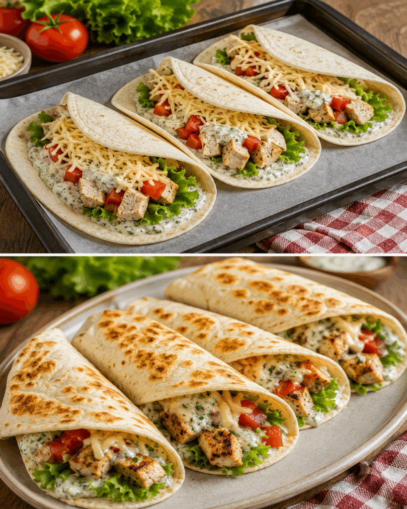 Knusprige Hähnchen-Wraps mit Salat, Tomaten und cremiger Kräutersauce