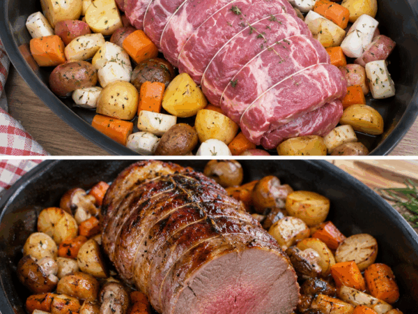Saftiger Rinderbraten aus dem Ofen mit knusprigen Kartoffeln, Möhren und Champignons