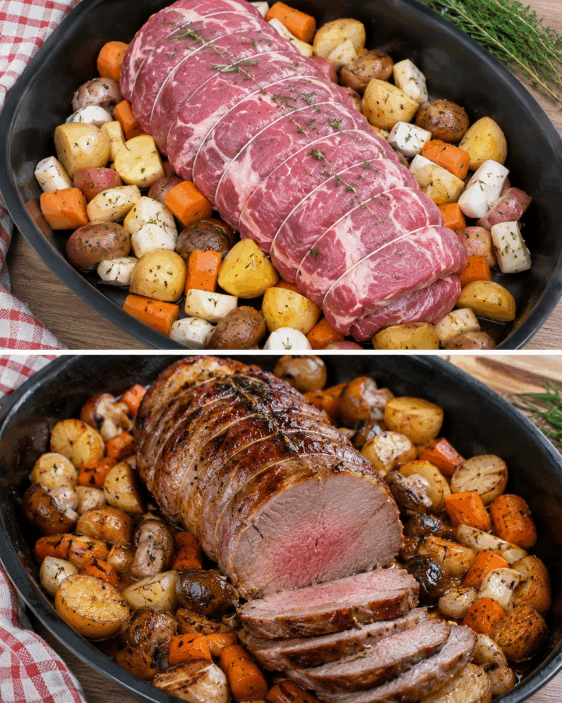 Saftiger Rinderbraten aus dem Ofen mit knusprigen Kartoffeln, Möhren und Champignons