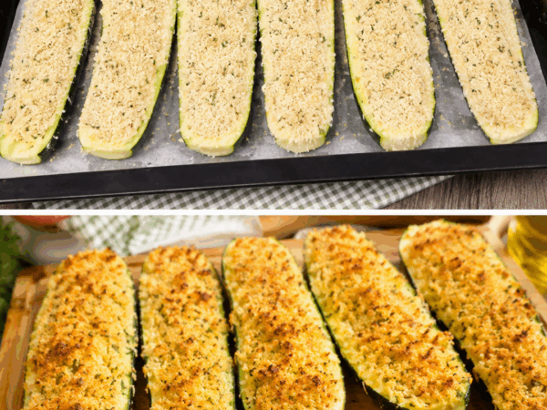 Knusprig überbackene Zucchini-Boote mit Parmesan und Kräuterbröseln